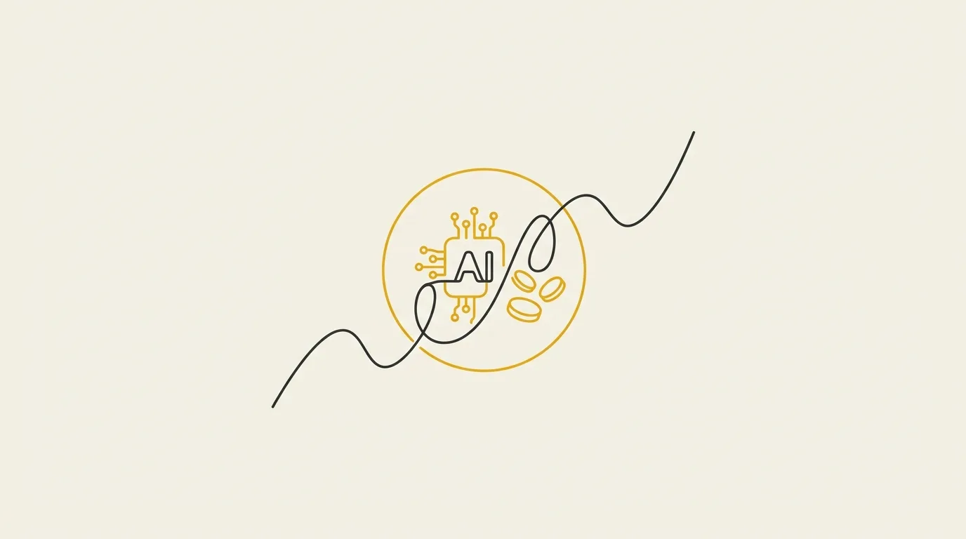 A line graph intersecting a yellow circle containing an AI chip and coin icons to represent growing ai overviews traffic revenue