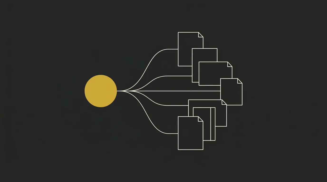 Abstract line illustration of a single gold source node orchestrated into many content documents