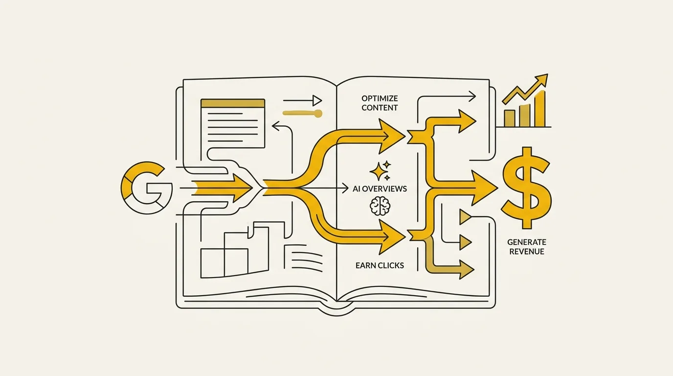 Flowchart showing how to get more traffic from AI overviews by optimizing content and earning clicks to generate revenue