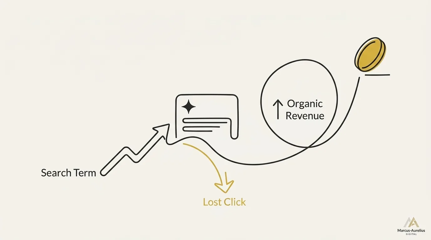 A line chart showing how a search term leads to an AI overview that redirects a lost click while increasing organic revenue