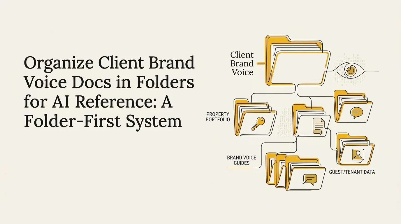 A diagram shows how to organize client brand voice docs in folders for AI reference by branching property, brand, and guest data