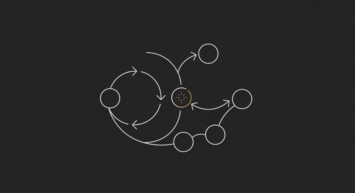 Line-art of an orchestrated network of AI agents with an automation loop