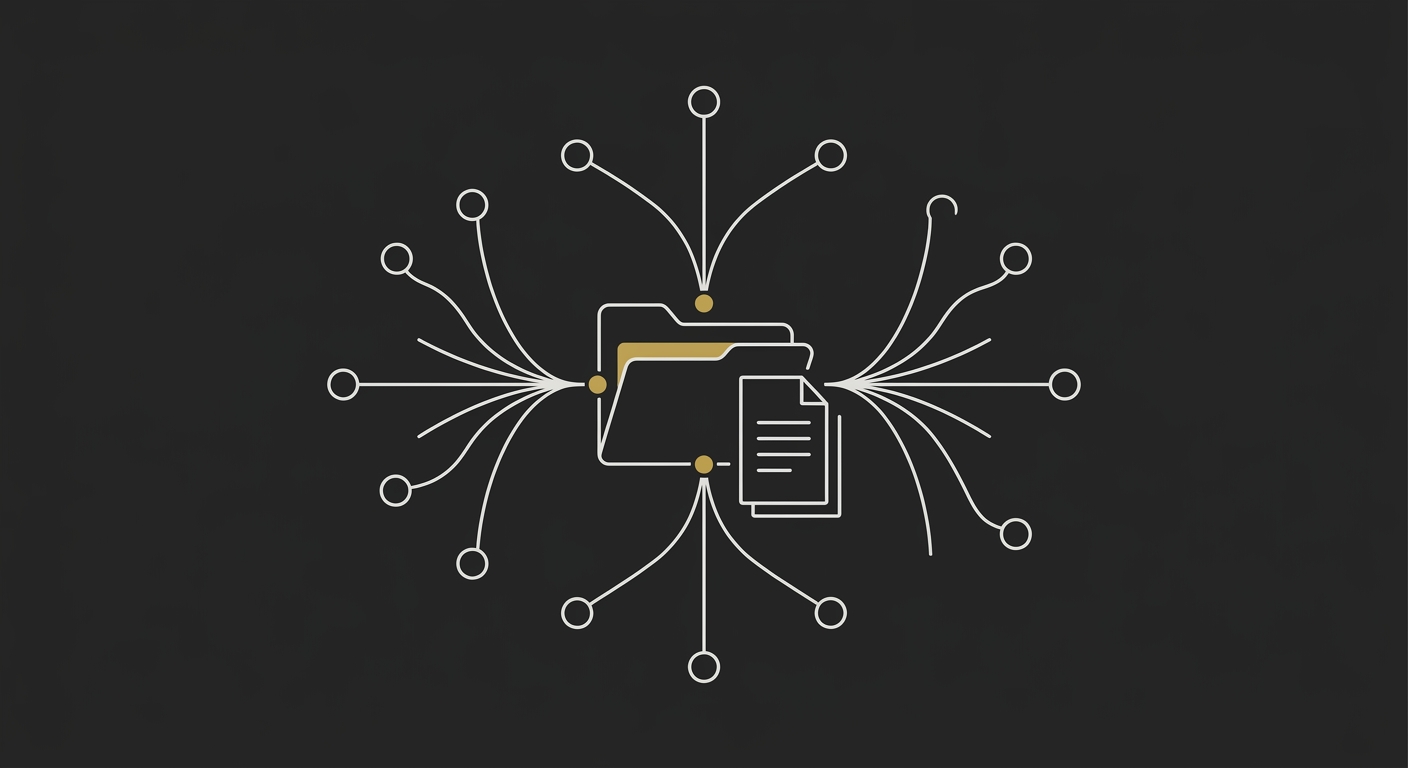 Line-art of a central brand-context folder feeding many connected AI sessions