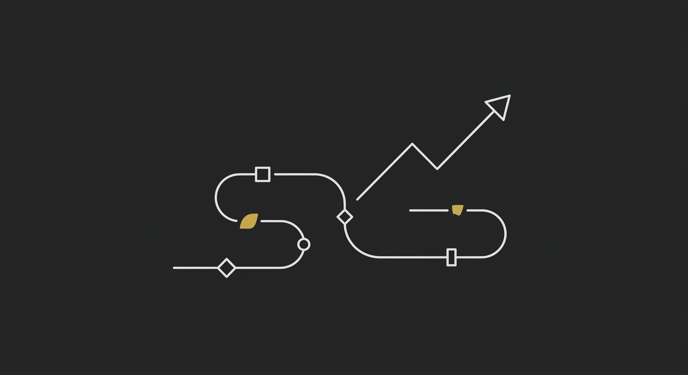 Line-art of an AI strategy roadmap winding through milestones to a rising growth arrow