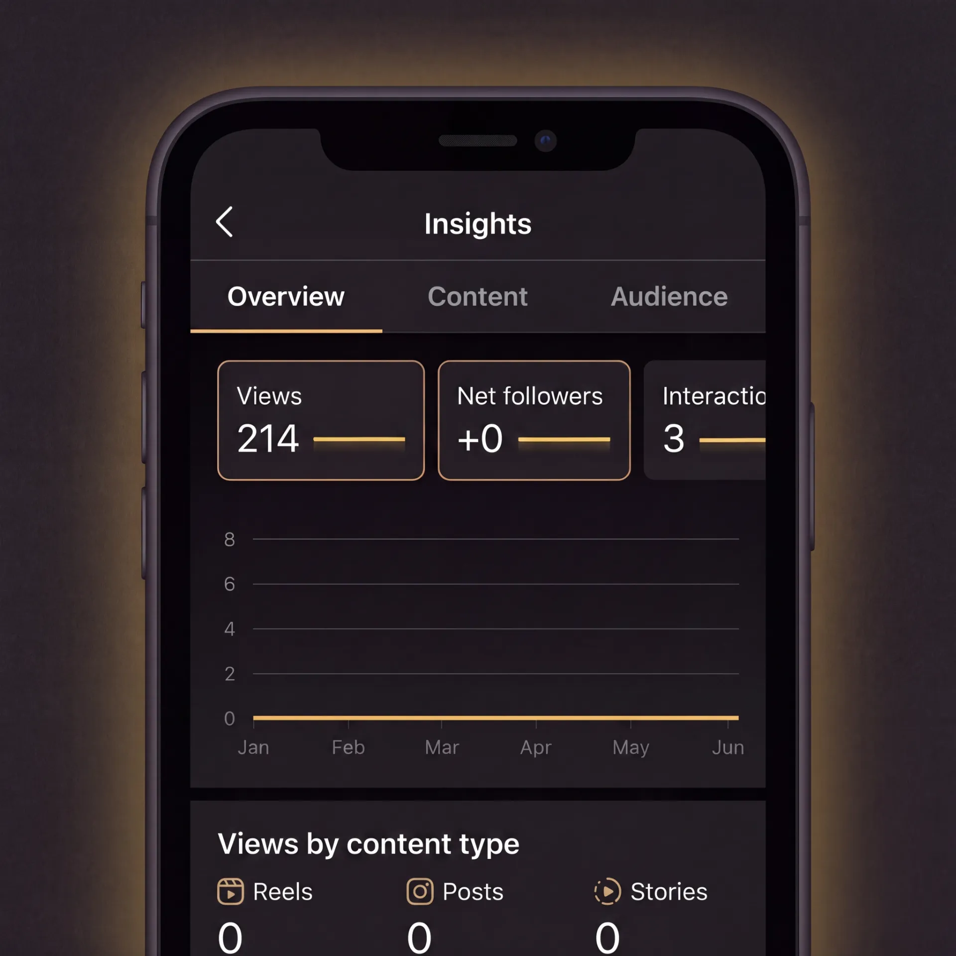 An Instagram-style Insights dashboard on a phone showing a flatlined account — 214 views, +0 net followers, and zero reels, posts and stories