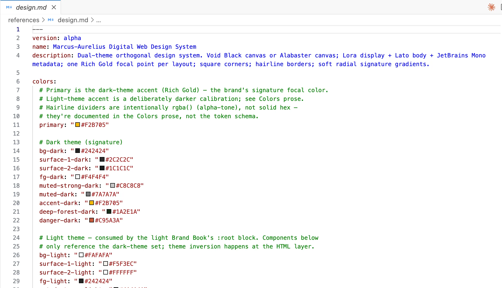 design.md file serves as the style guide in the bradn context folder