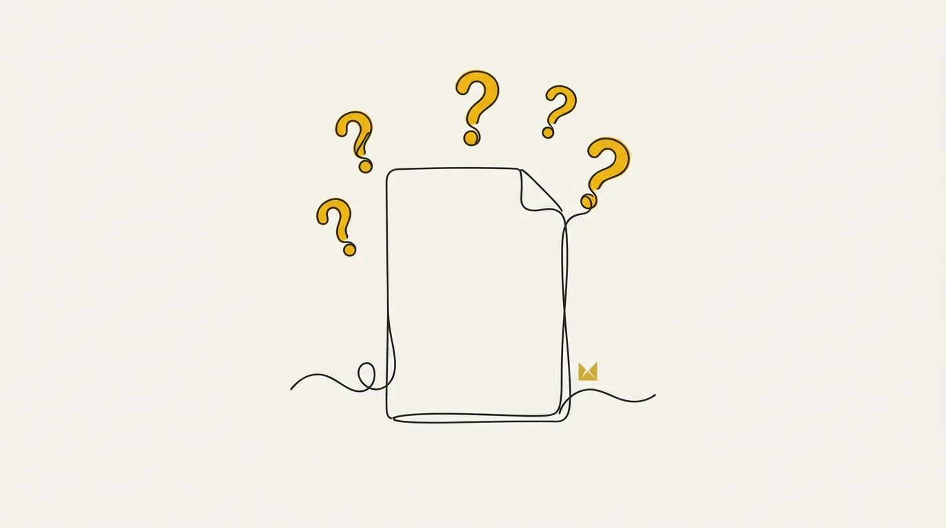 An empty sheet of paper surrounded by question marks, illustrating why AI brand voice drifts back to generic over time