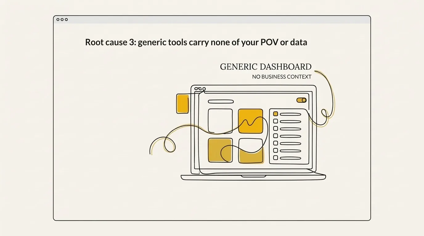 Generic dashboard UI on a laptop screen with no business context to explain why AI brand voice drifts back to generic over time